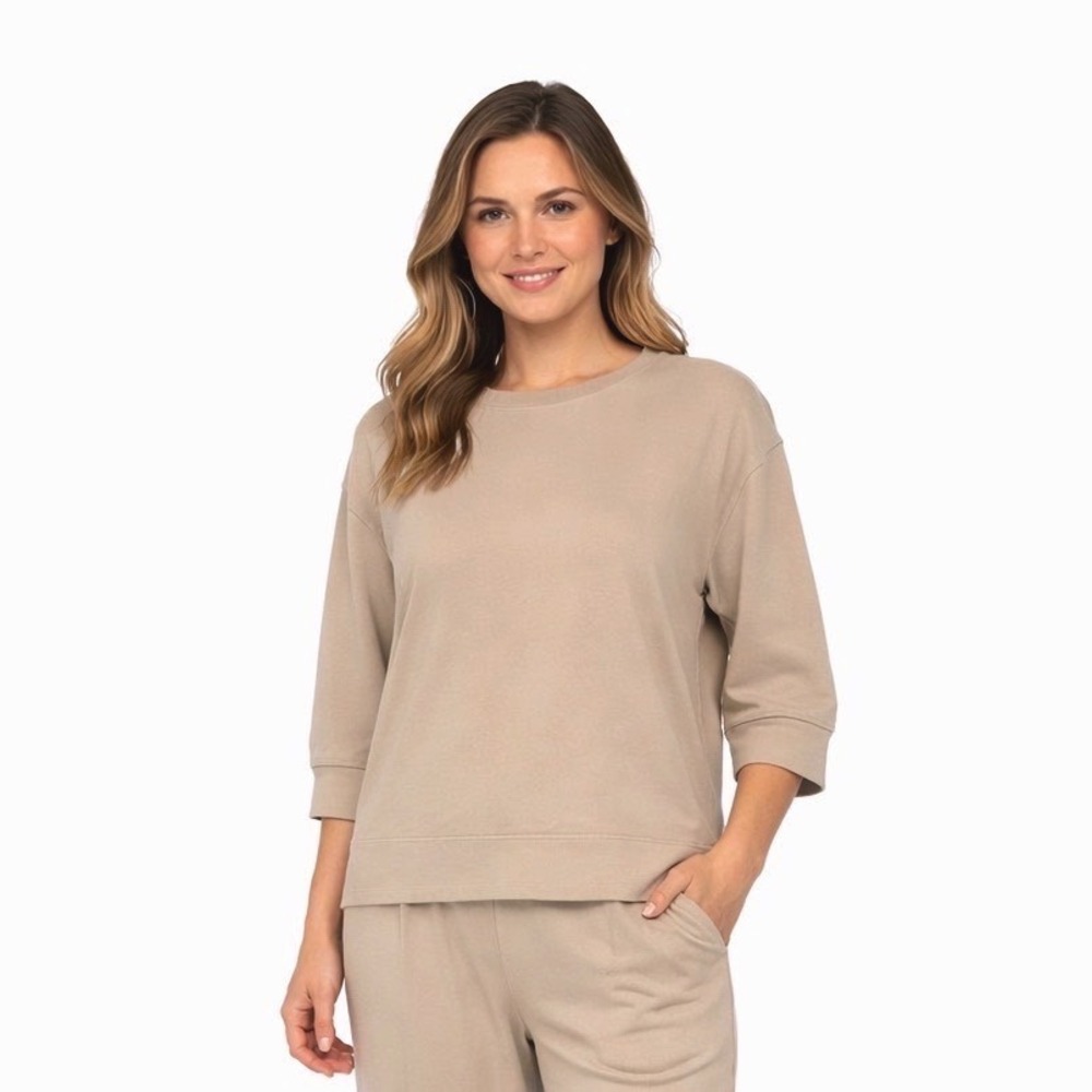 ZARA Beige Crew Neck‎ 3/4 Sleeve Sweatshirt Top Women's L Minimalism Casual97-45